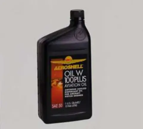 A quart bottle of AeroShell W100 Plus aviation oil