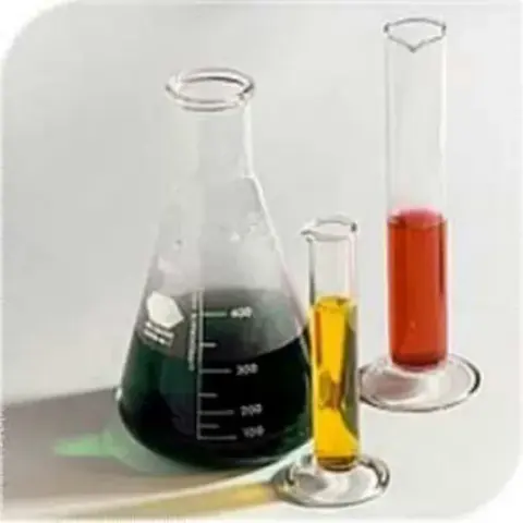 Laboratory flasks and test tubes holding oil samples
