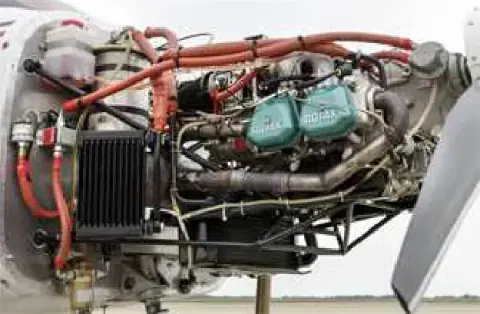 An aircraft engine compartment with the cowling removed