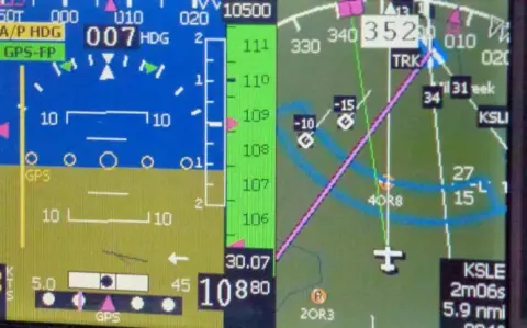A glass cockpit flight display with attitude and navigation screens