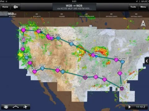 A flight planning map on a tablet with a route across the western states