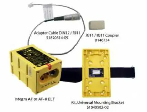 An ELT unit with its mounting bracket and adapter cable