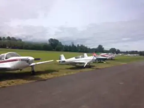 A row of airplanes parked along a grass strip