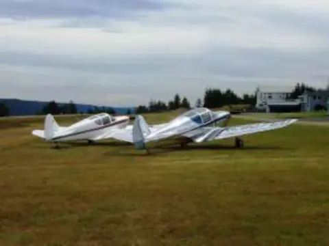 Two white low-wing airplanes parked on the grass