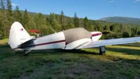 A white and red low-wing airplane parked on the grass with trees behind