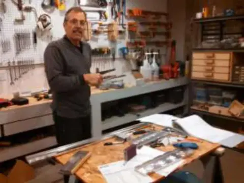 A man with a mustache standing at a workbench in a tool-filled workshop