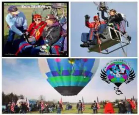 A collage of a balloon ride with passengers in the basket and balloons in flight