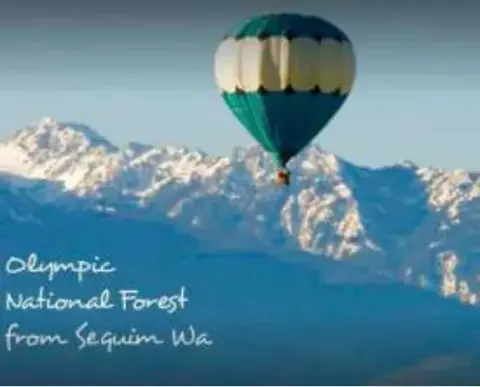 A hot air balloon over the snowy Olympic Mountains