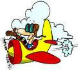 A cartoon pilot in goggles flying a yellow and red airplane