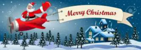 A Christmas banner with Santa in a red airplane over a snowy village