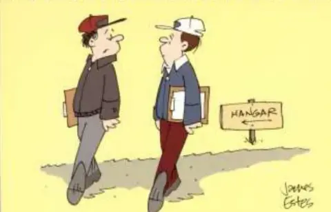 A cartoon of two figures on a small yellow page