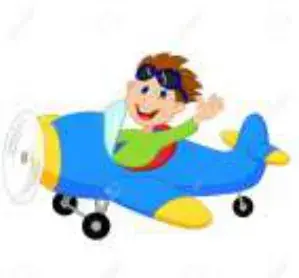 A cartoon boy waving from a blue and yellow airplane