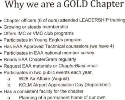 A slide listing reasons the chapter is an EAA Gold Chapter