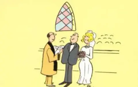 A cartoon wedding with a pilot groom, a bride and a minister