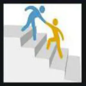 A drawing of one figure helping another up a flight of stairs