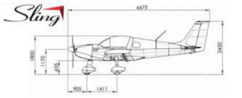 A three-view drawing of the Sling kit airplane