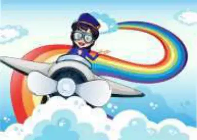 A cartoon pilot flying a small airplane through a rainbow