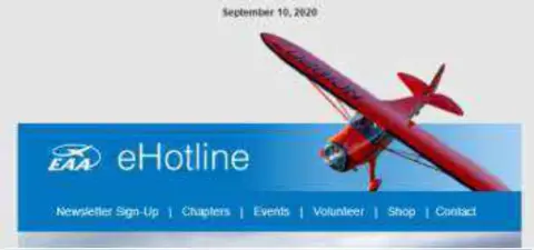 An EAA eHotline newsletter page with a red airplane and mountain lake