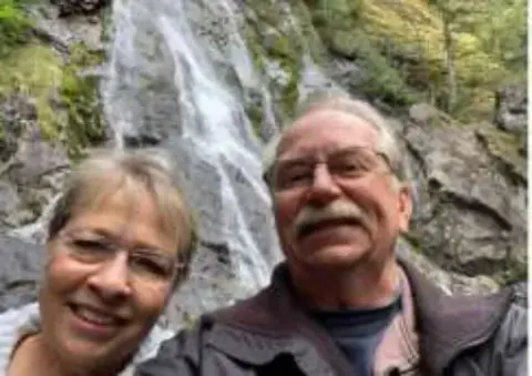 A couple at a waterfall above a photo of them beside a small airplane