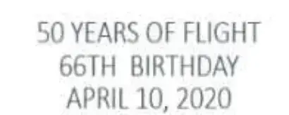 The words 50 Years of Flight, 66th Birthday, April 10, 2020