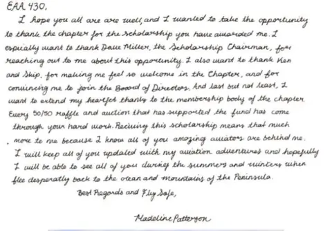 A handwritten thank-you letter to EAA 430, signed Madeline Patterson