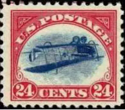 The 24 cent US airmail stamp with the upside-down Curtiss Jenny (Inverted Jenny)