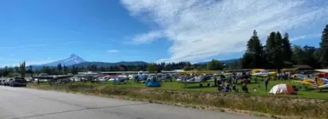 Airplanes parked along a field with a mountain in the distance