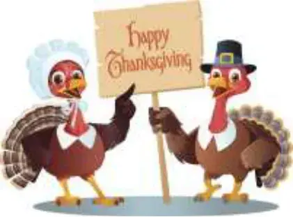 Cartoon turkeys holding a Happy Thanksgiving sign