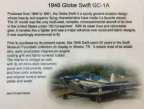 Museum placard for the 1946 Globe Swift GC-1A