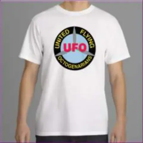 The front of a white T-shirt with a United Flying Octogenarians logo