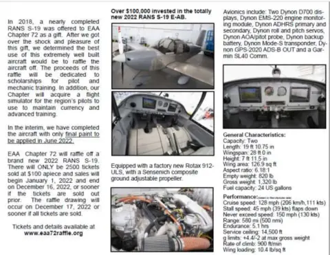 The EAA Chapter 72 raffle flyer for the RANS S-19, with photos, specifications and ticket details