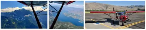 Three photos in a strip: mountains through a wing strut, a lake from the air, and a red airplane on a ramp