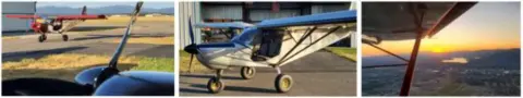 Three photos in a strip: an airplane under a wing, a small airplane parked, and a sunset over a wing