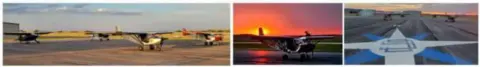 Three photos in a strip: airplanes parked at dusk, a sunset, and the view over an airplane's nose