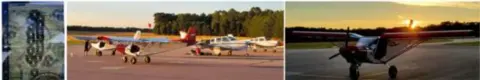 Three photos in a strip: a sign, airplanes parked on a ramp, and an airplane at sunset