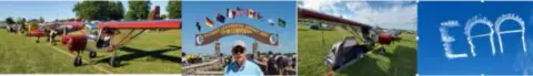 Four photos in a strip: crowds at an airshow, a stage, airplanes on the grass, and EAA skywriting