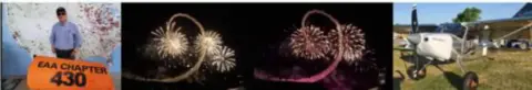 Four photos in a strip: an EAA 430 banner, fireworks, and an airplane at night
