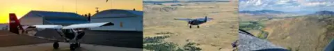 Three photos in a strip: an airplane by a hangar, an airplane in the air, and hills below
