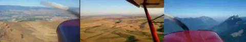 Three photos in a strip: farmland and hills seen from the air through the wing struts