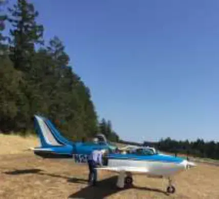 A blue and white low-wing airplane parked on grass among trees