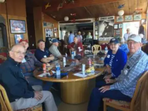 Members seated around a large table in a room hung with aviation pictures