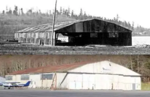 An old photo of a hangar above a recent photo of the same hangar