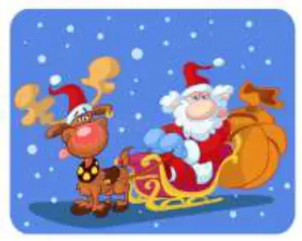 A cartoon Santa in a sleigh pulled by a reindeer