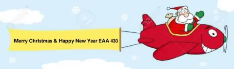 A cartoon Santa flying a red airplane towing a Merry Christmas & Happy New Year EAA 430 banner