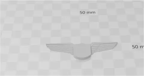 A 3D model of pilot wings with 50 mm dimensions marked