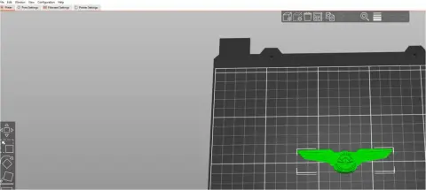 A green wings design on a 3D printer bed in software