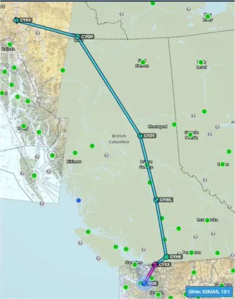 A map showing a flight route down the West Coast