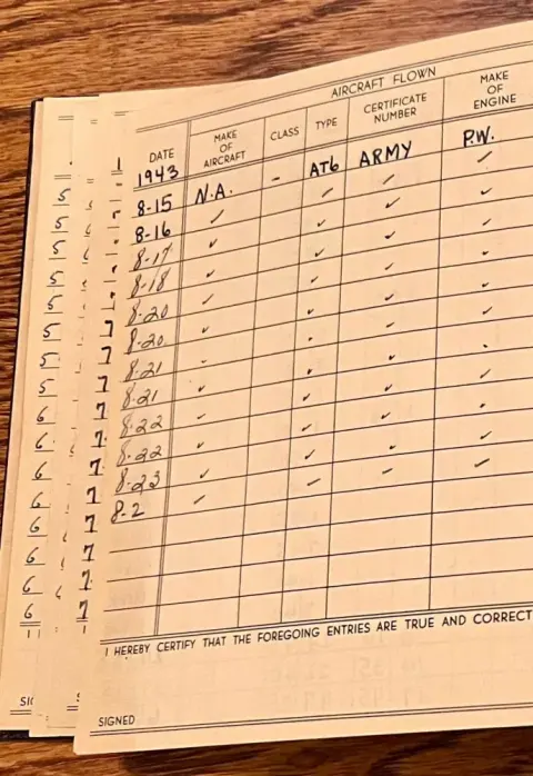 Another page of a handwritten pilot logbook