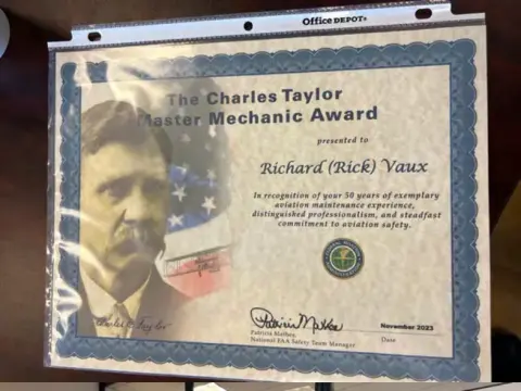 The Charles Taylor Master Mechanic Award certificate presented to Richard (Rick) Vaux