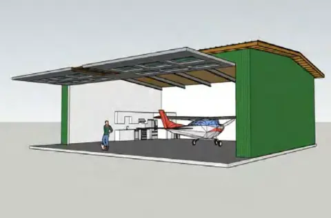 Drawing of the proposed building with an open hangar side and an airplane inside